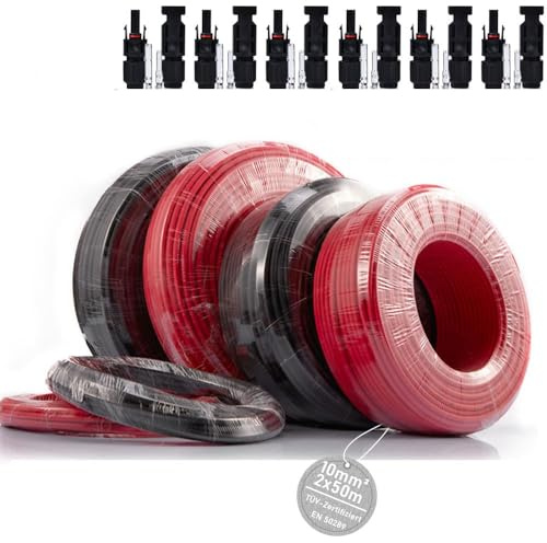 2X Solarkabel Verlängerungskabel 10mm² 50m (Schwarz+Rot) mit IP67 Stecker | TÜV-Zertifiziert 7AWG 1800V, Profi Kupferkabel Verlängerung Solarleitung beidseitig für Photovoltaik Solaranlage Solarpanel