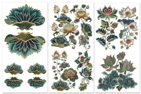 PLIGREAT 3 Blätter reiben auf Transfers für Möbel und Kunsthandwerk, Stickerei Lotus reiben auf Transfer Aufkleber Vintage Blumen Wohnkultur Transferpapier für DIY Holz Möbel Tür Tisch Dekoration
