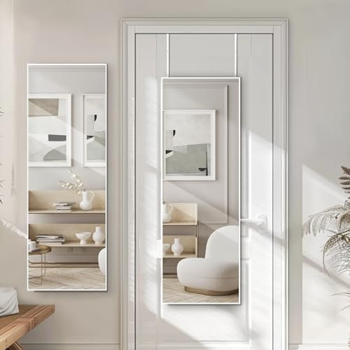 LunaMirror 119X34 CM Over The Door Mirror Full Length Hanging Door Mirror Wall Mounted Mirror for Bedroom Bathroom Dorm Long Full Body Mirror with Hanger White
