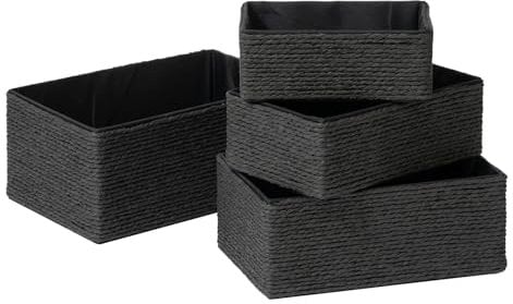 LA JOLIE MUSE Storage Baskets for Organizing Set 4 - Sturdy Woven Basket Paper Decorative Baskets, Stackable Storage Boxes for Makeup Closet Bathroom Bedroom Shelf (Black)