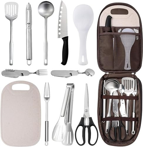 10 Pieces Camping Kitchen Utensil Set, Portable BBQ Cookware Organizer Travel Kit with Case - Cutting Board/Rice Paddle/Tong/Scissor/Ladle/Spatula/Knife/Bottle Opener for Indoor or Outdoor