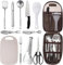 10 Pieces Camping Kitchen Utensil Set, Portable BBQ Cookware Organizer Travel Kit with Case - Cutting Board/Rice Paddle/Tong/Scissor/Ladle/Spatula/Knife/Bottle Opener for Indoor or Outdoor