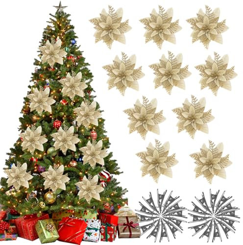 AYNKH 20Pz Fiori dell'albero di Natale decorazioni con clip, Natale Glitter Poinsettia fiore, 14.5cm oro albero di Natale decorazione fiori per decorazione albero di Natale Wreath