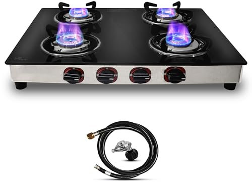 Réchaud à gaz avec 4 brûleurs – Plaque de cuisson au gaz propane en verre trempé – Brûleurs portables à gaz inoxydable pour la cuisson – Avec tuyau et régulateur pour connecter le réservoir de propane