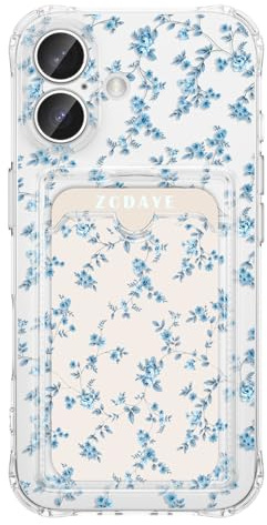 ZCDAYE Hülle für iPhone 16 mit Kartenhalter, Süße Blumen Muster Handyhülle TPU Klare Hülle Elegant Frau Damen Handytasche Stabil Edel Tasche für iPhone 16 (6.1 inch), Elegantes Blau