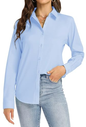 J.VER Womens Shirts Long Sleeve Cotton Dress Shirt Fashion Stretch Regual Fit Business Casual Tops Work Office Executive Plain Ladies Blouse Blue XL