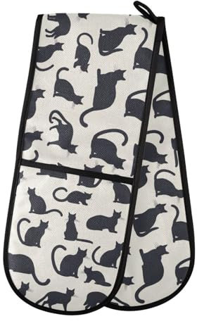 Oven Gloves Double Oven Gloves Cute Cat Black Oven Mitts Pot Holder Heat Resistant Quilted for BBQ Baking Kitchen Cooking Gloves