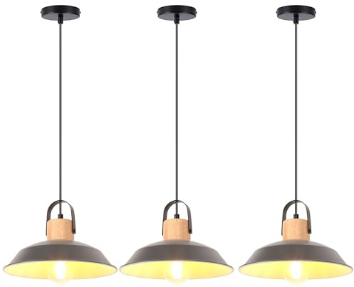iDEGU 3 Stück Pendelleuchte 26cm Vintage Hängelampe Retro Lampenschirm im Eisen mit Holzdekor E27 Fassung Modern Hängelleuchte für Küche Esszimmer Wohnzimmer Schlafzimmer Flur Restaurant (Grau)