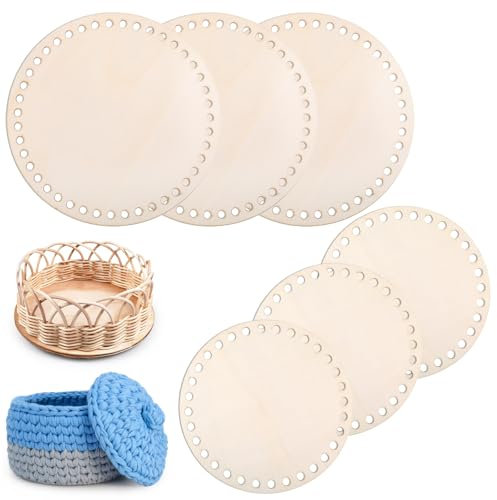 YUFFQOPC 6 Stück Korbboden zum HäKeln, Korbboden aus Holz zum Häkeln, 15cm/20cm Gehäkelter Korbboden, Kreis Blank Naturholzkorbboden Korbboden Set für DIY Körbe Geldbörse Zubehör Taschenboden Häkeln