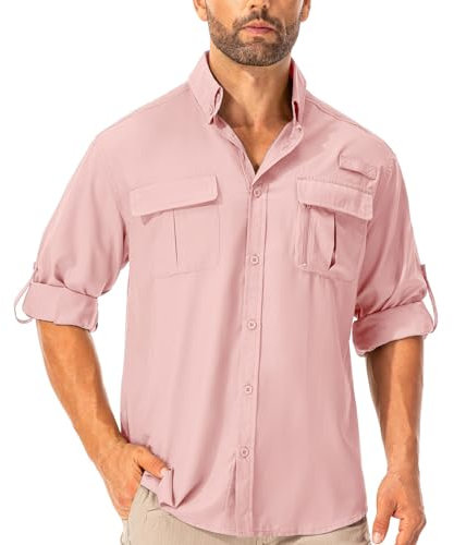 Asfixiado Safari UPF50+ Chemise de randonnée à manches longues pour homme Protection UV Respirant Séchage rapide Décontracté Bouton Down Shirts, Rose, S