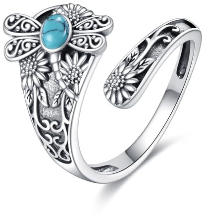 Dragonfly Ring Sterling Silver Vintage Dragonfly Turquoise Spoon Ring Boho Sunflower Thumb Rings Victorian Style Floral Jewellery Gifts for Women