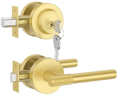 Asidrama Premium Brushed Gold Zinc-Alloy Front Door Lock Set: Double Cylinder Deadbolt, Heavy Duty Security Handleset for Left/Right Exterior Doors, Universal Entry Locks (1 Pack)
