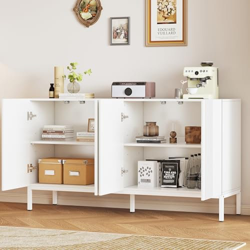 Aparador moderno de 4 puertas sin tirador para comedor, salón y cocina (color blanco)