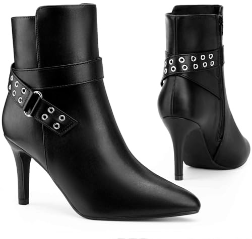 Perphy Women Dressy Pointed Toe Buckle Stiletto Heel Padded Ankle Boots | 3.4-inch stiletto heels. Padded insole for comfort. Versatile for party, work, date. ABS sole construction
