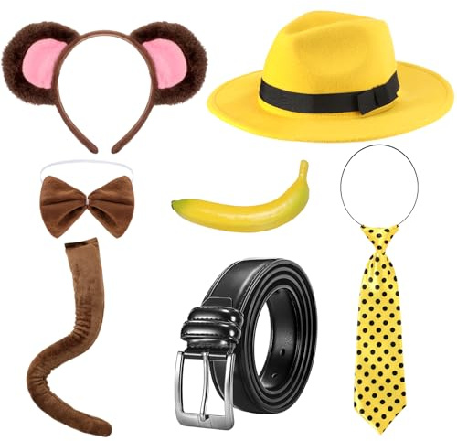 Maiteenly 7-teiliges Halloween-Paar-Kostüm-Set, Affenohrschwanz und gelber Hut, Outfit für Mann und Frau, neugierige Cosplay-Accessoires