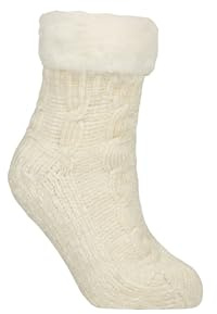 SockShop Womens Faux Fur Lined Chenille Slipper Socks – 1 Pair Thermal Cable Knit with Grips, Plush Indoor Footwear for Cold Weather, Lounge Comfort, UK Size 4-8
