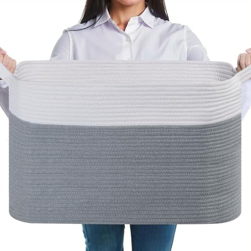 JOJOSEE Faltbarer Wäschekorb, 63L Aufbewahrungskorb Weiß & Grau | Geflochten Aufbewahrungskorb mit Henkel, Laundry Baskets aus Baumwolle, Ideal für Decken, Kleidung, Kuscheltier, Spielzeug
