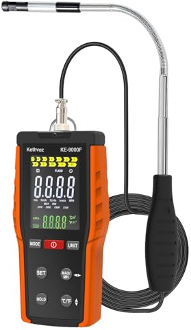 Windmesser, Thermisches Anemometer für Windgeschwindigkeit, Temperatur, Volumen, Kethvoz HVAC Windmessgerät, 0-999900 ft³/min CFM/CMM, 0.1-30M/s, mit Hitzdrahtsensor, Max/Min/Data Hold