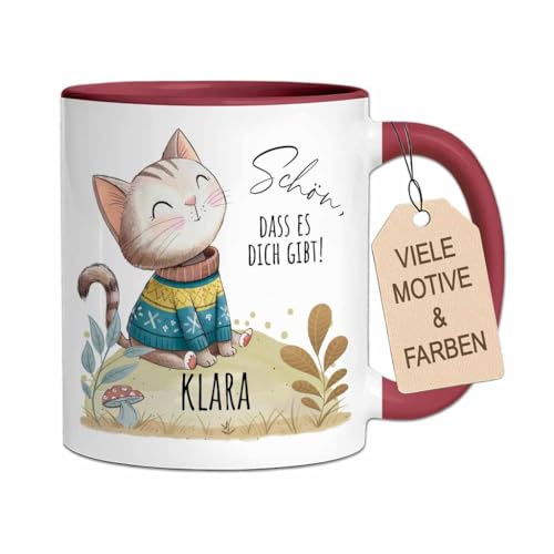 Personalisierte Kindertasse aus Keramik mit Namen | Tasse mit Retro Tier-Motiv als Geschenk für Jungen & Mädchen zu Geburtstag, Einschulung (Katze, Bordeaux)