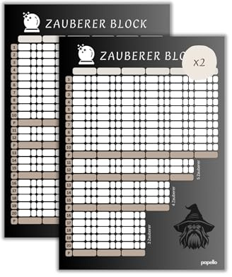 papello Zaubererblock A5 – Stichkartenspiel Spielblock, 50 Blatt 2er-Pack | A5-Spielblock, 50 Blatt: 2 Felder je Runde – Ansage & Stiche getrennt – für 6 Spieler, 20 Runden, Recyclingpapier