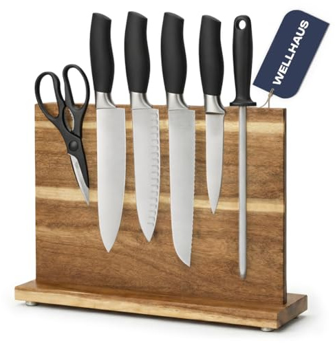 Wellhaus Messerblock Magnetisch ohne Messe - Messerhalter aus Akazienholz, Beidseitig Magnet Rutschfest & Platzsparend, Knife Holder für Utensilien, 32 x 29 x 11 cm