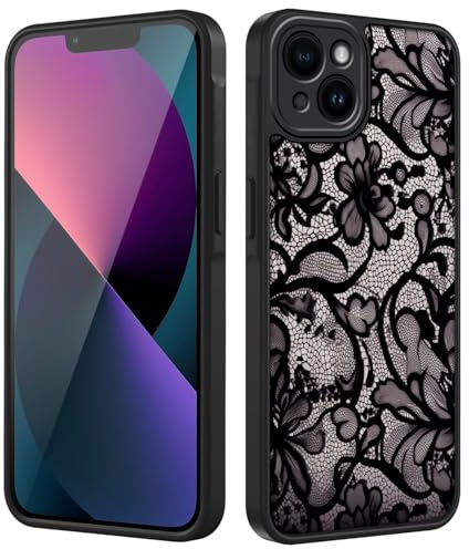Tawarror Handyhülle für iPhone 13 Hülle, Matt Transluzente Aesthetic Lace Blumen Muster Schutzhülle PC Rückseite Kratzfest TPU Fallschutz Stoßfest Anti-Fingerabdruck Case, Schwarz