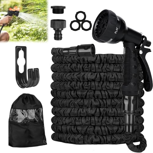 Gartenschlauch Flexibel 15m, Ausziehbare Garten Schlauch Dehnbarer mit 8 Funktions Brause, Leichter Flexibler Garden Hose, Wasserschlauch Flexibler mit 1/2 und 3/4 Schnellkupplungen, Schwarz