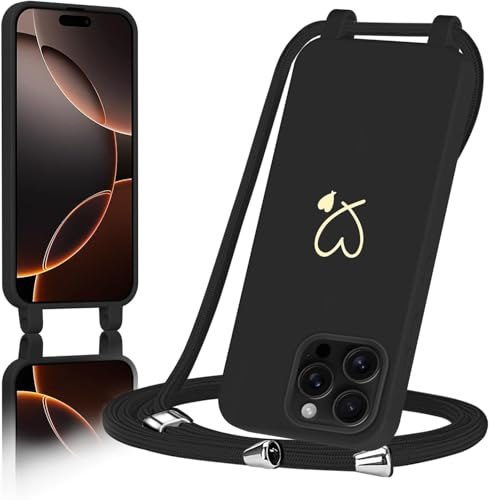 AoozeFon für iPhone 16 Pro Max Hülle mit Band, Handyhülle iPhone 16 Pro Max mit Kordel zum Herz, Schutzhülle Handyband mit Umhängen Abnehmbare Weich TPU Liquid Silikon Bumper, Schwarz