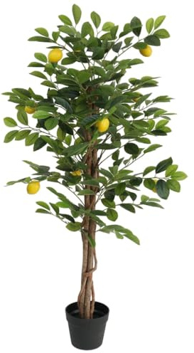 QUAHEAS Konstgjort citronträd med 3 stockar och 9 citroner, 120 cm högt, grönt, av PP och trä, dekorativt träd för vardagsrum, balkong, terrass, lättskött, vintergrön, frosthård