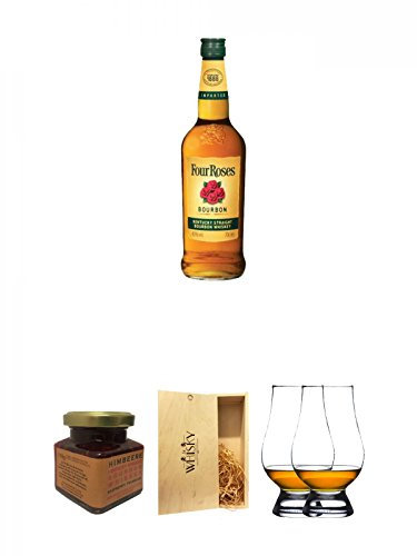Four Roses Straight Bourbon 0,7 Liter + Kentucky Bourbon Himbeer-Marmelade 150 Gramm Glas + 1a Whisky Holzbox für 2 Flaschen mit Schiebedeckel + The Glencairn Glass Whisky Glas Stölzle 2 Stück
