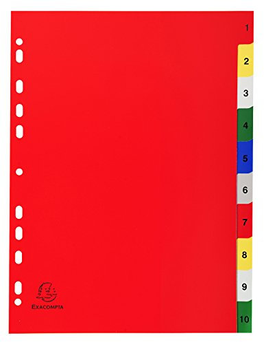 Exacompta - Ref 1510E - PP Printed Indices - For Use With A4 Documents, 0.1mm Polypropylene, Pre-Punched, Soft & Tear Resistant - 10 Divider Parts (1-10) - White With Coloured Tabs
