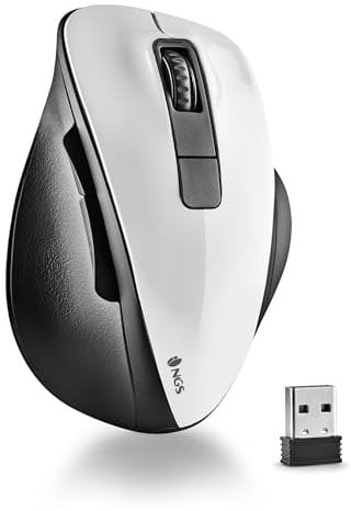 NGS Bow White - Ratón Inalámbrico RF 2,4Ghz, Ratón Óptico Sin Cable 800/1200/1600dpi para Ordenador, Scroll + 5 Botones, Ergonomía Diestros, Blanco