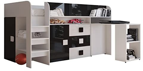 MEBLE KRYSPOL Toledo 1 Hochbett für Kinder, Jugendliche mit Stauraum - Etagenbett mit Schreibtisch, Kleiderschrank, Regal, Schubladen, Treppe - 203,3x106,6x125 cm - Weiß, Schwarz, Weiß + Schwarz