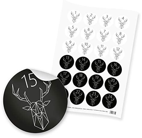 itenga 24x Sticker Zahlen Adventskalender Geschenke Aufkleber Motiv Z48 Rentier linear - Ziffern von 1 bis 24 Schwarz Weiß