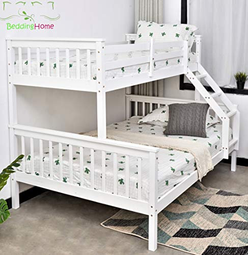 Bedding Home Pine Wood Triple Bunk Beds For Kids, Highly Durable Botton 3ft Single & 4.6ft Double Upper Wooden Frame Bunk Beds For Adults & Toddler (White)
