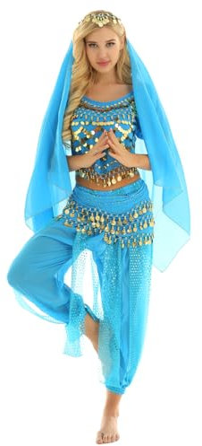 Yeahdor Damen Bauchtanz Kostüm Set Pailletten Bauchtanz Oberteil mit Mützen + Haremshose + Hüftschal + Schleier Karneval Fasching Cosplay Party Verkleidung A Eisblau Einheitsgröße