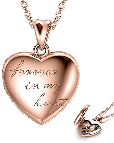 LONAGO Personnalisé Médaillon Photo Collier Argent Sterling 925 Douane Médaillon Coeur Qui Contient des Images Pendentif Bijoux pour Femmes (Or Rose pour Toujours dans Mon Coeur-Médaillon+Photo)