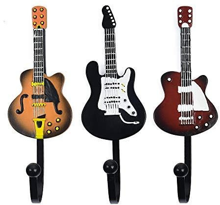 KUNGYO 3-Pack Vintage Guitar Shaped Decorative Hooks Rack Hangers for Hanging Clothes Coats Towels Keys Hats Metal Resin Hooks Wall Mounted Heavy Duty(B Style)