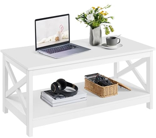 Yaheetech Tavolino da Caffè Tavolo Basso da Salotto 100x50x45 cm Bianco | 2 Ripiani con Piano Inferiore Grande, Stile Moderno Portaoggetti, Mobiletto in Legno Ideale per Soggiorno e Divano