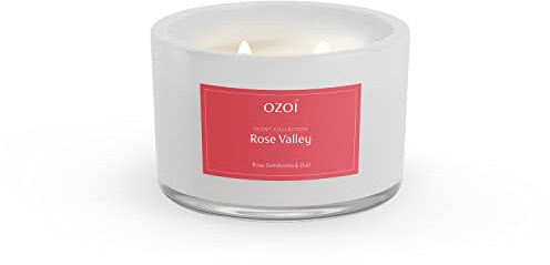 OZOI Duftkerze Rose Damascena & Oud 'Rose Valley' im Glas mit Deckel & 2 Dochten, Brenndauer bis zu 30 Std. (180 g), in Geschenkbox