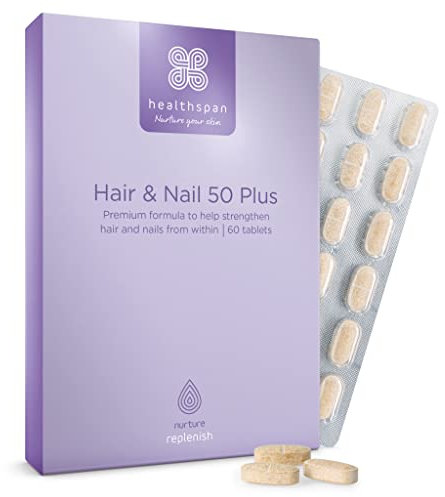 Healthspan Hair & Nails 50 Plus | Formulated for peri- and Post- menopausal Women | Promotes Strong Hair & Healthy Nails | with Soy isoflavones, Biotin, Selenium & Zinc | Vegan (60 Tablets)