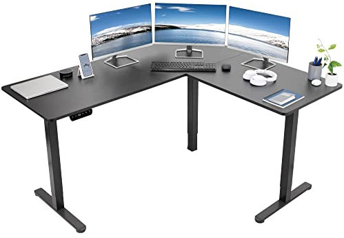 VIVO Electric Height Adjustable 160cm x 140cm Corner Stand Up Desk, Black Table Top, Black Frame, L-Shaped Standing Workstation, 3CT Series, DESK-E3CTB