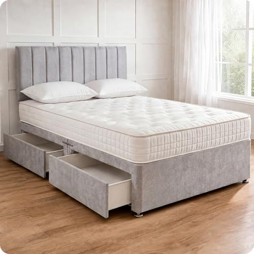 Comfy Deluxe LTD Apollo Divan Bed Set - 3FT Single, Silver | Plush Velvetto Bed Frame with 26 Inch Headboard | Memory Sprung Mattress Included | No Storage | UK Made
