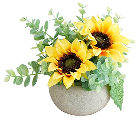 Rosscer Kit de flores artificiales con maceta, combinación de girasoles de seda falsos y vegetación, decoración de plantas pequeñas en maceta para oficinas, estantería, dormitorio, sala de estar,