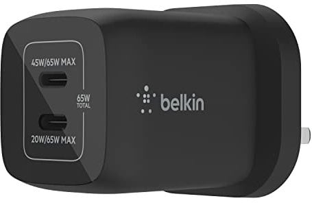 Belkin 65W Dual USB Type C Wall Charger, Fast Charging Power Delivery 3.0 with GaN Technology, USB Plug fast charger for iPhone 16, 15, 14, iPad, MacBook, Samsung Galaxy S24, Pixel and more - Black