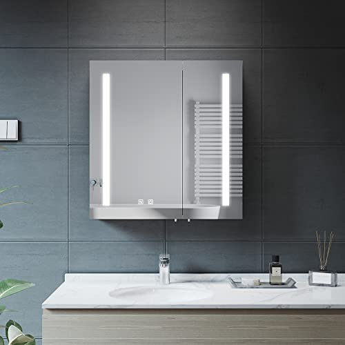 ELEGANT LED Illuminated Bathroom Mirror Cabinet with Shaver Socket, Double Door Stainless Steel Wall Mounted Bathroom Cabinet with Demister Pad Dimmer Switch 2 Strip Lights 630 x 650mm