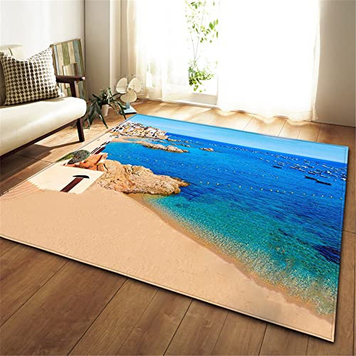 Chickwin Teppich Wohnzimmer Outdoor, Weiche Antirutschunterlage Kurzflor Moderne Teppiche für Schlafzimmer Kinderzimmer Küche Terrasse Schlafzimmer-3D Strand Landschaft (80x120cm,Blaues Meer)