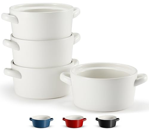 Soup Bowls with Handles, Ceramic Oven Safe Bowls, Kook Individual Soup Crocks, Stackable Dish, Broil, Oven, Microwave and Dishwasher Safe, for Casserole, Pasta, Cereal, 23.6 Oz, Set of 4 (White)