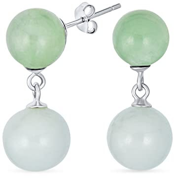 Klassische einfache Edelstein-Ohrringe mit doppeltem runden echten blassgrünen Jade-Anhänger, 2 Tropfenkugel-Ohrringe für Frauen, .925 Sterlingsilber, 10MM