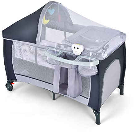 RELAX4LIFE Lettino da Campeggio per Bambini, Lettino Pieghevole con Fasciatoio e Zanzariera, Modalità Dondolo, Culla Neonato per Bambini Fino a 15 kg, 0-36 Mesi (Grigio)